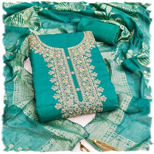 Leeli Peeri Designer Women's Roman Silk Embroidery Work Unstitched Salwar Suit Dress Material