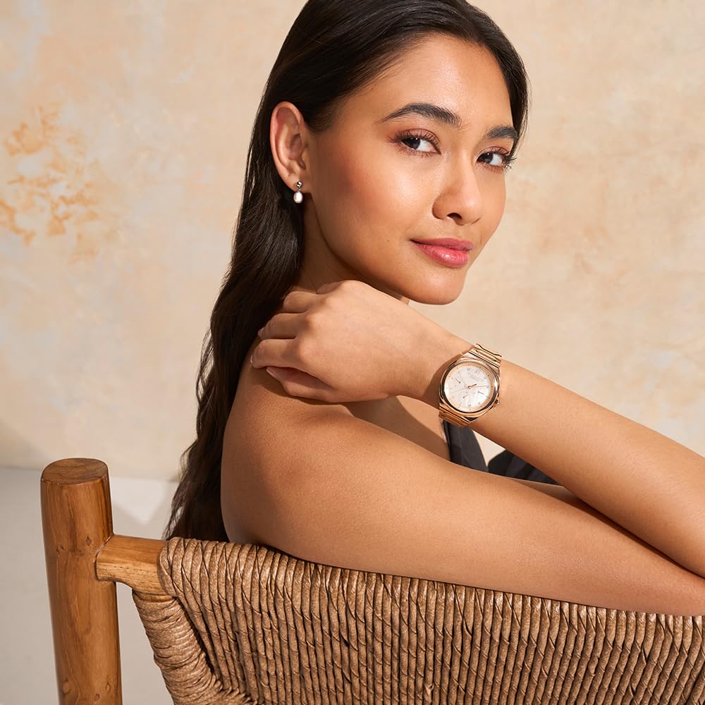 Olivia Burton Lustre Qtz Multifunction White Mother of Pearl Cushion Dial Women's Watch|Ionic Plated Rose Gold Steel Material|Rose Gold Color Band - 24000151