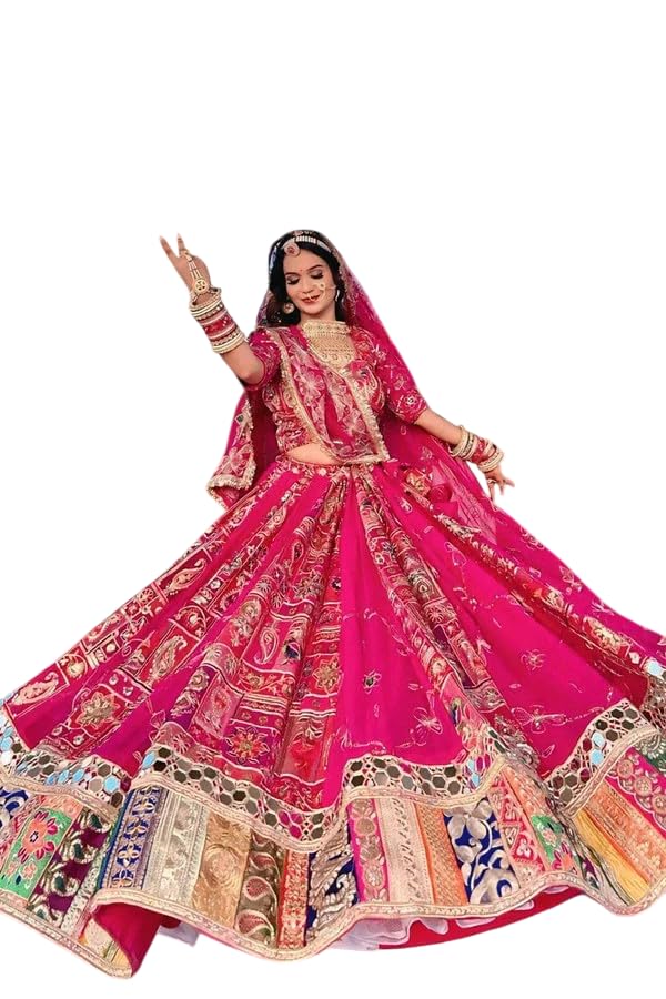 Women's Real Mirror Work Cotton Pink Lehenga Choli For Navratri