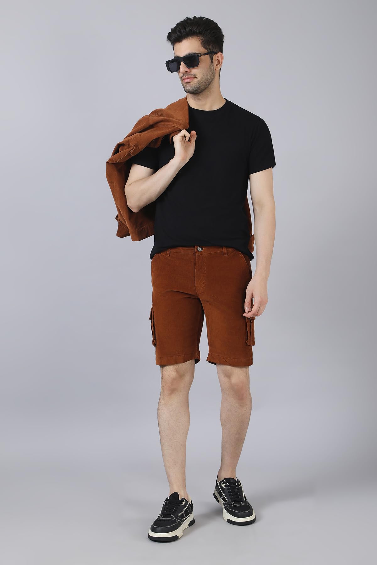 BELANO Men's Rust Colour Corduroy Regular Fit Cargo Shorts (in, Numeric, 32, Regular, Rust)
