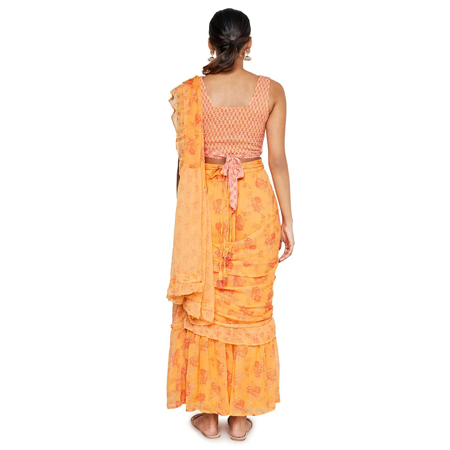 global desi Women's Polyester Stitched Saree (SS22GM037SSCH_Orange)