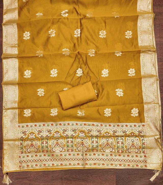 VARNI FABRICS Jacquard with Handwork Dress Material for Women Floral Unstitched Woman Salwar Suit Dress Material with Jacquard Dupatta Mustard Yellow