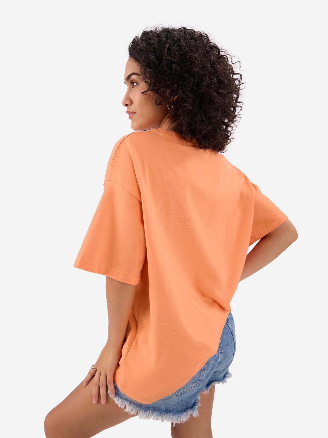 The Souled Store Solids : 100% Cotton Papaya Orange Women & Girls Short Sleeve Round Crew Neck Oversized T-Shirts