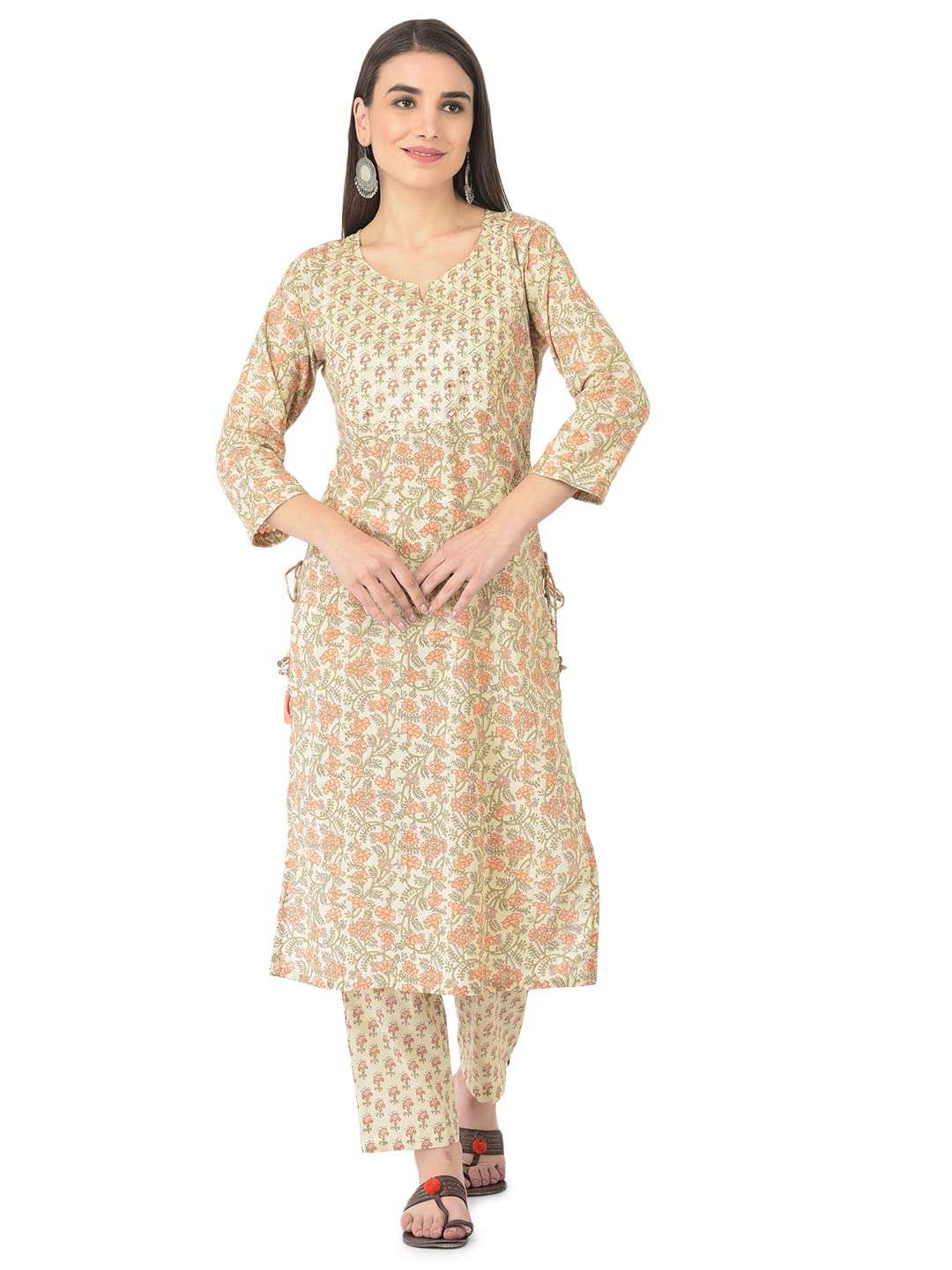 Pistaa's Women Cotton Straight Printed Suit Set (Cream, XX-Large)