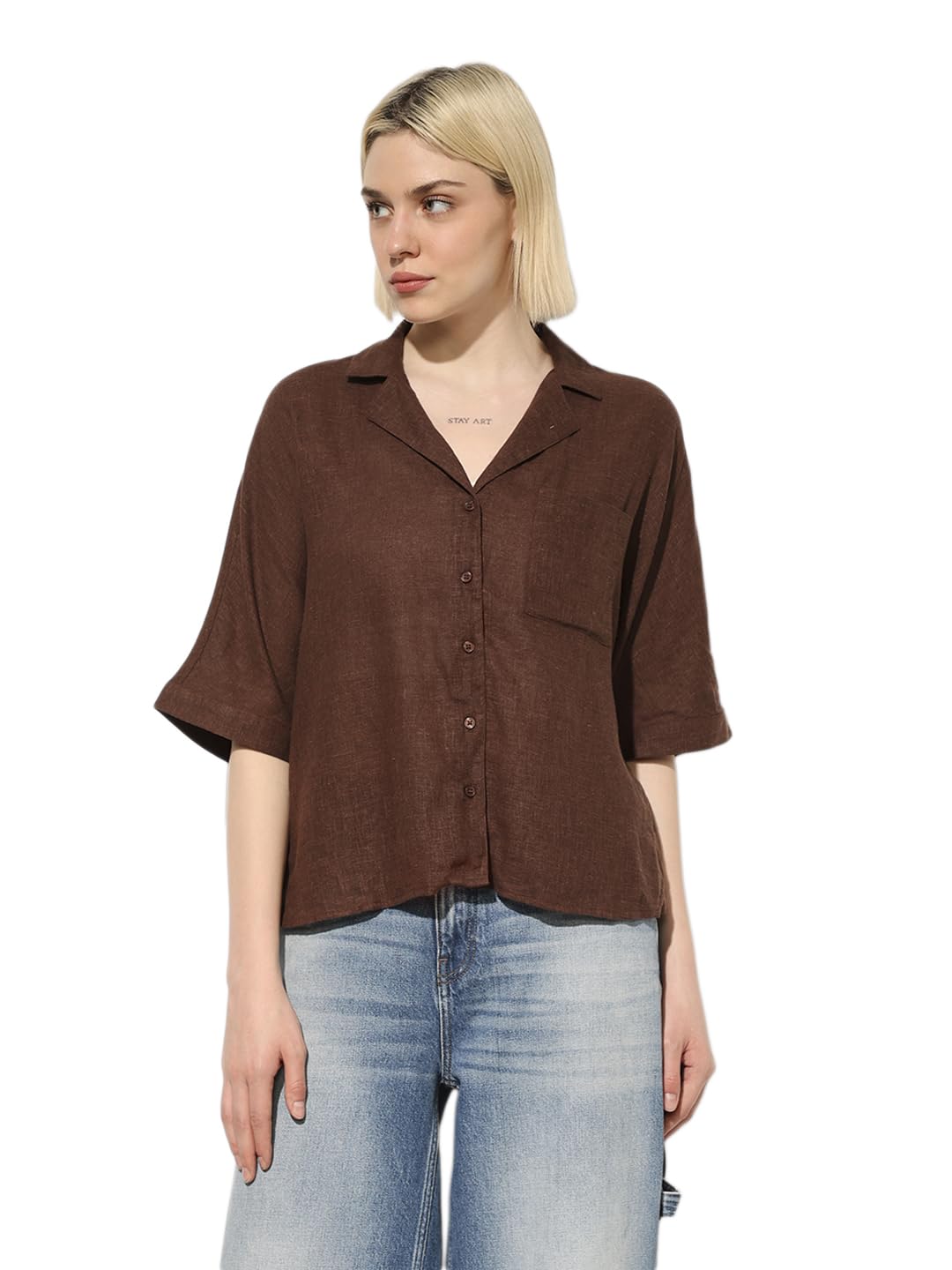 ONLY Spread Collar Extended Sleeves Pocket Oversized Shirt