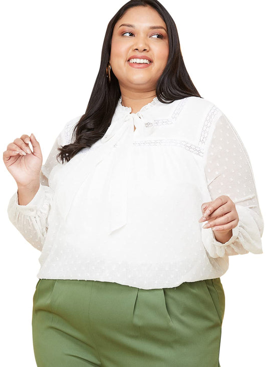 Max Plus Size Women Textured Tie-Up Neck Top (PWVN2509_Ivory2 6XL)