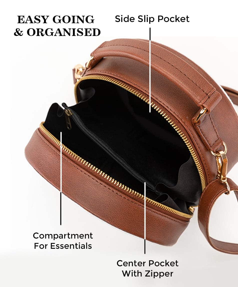 Kalankit Women Round Sling Bag | Stylish Vegan Leather Crossbody Purse | Side Bag with Strap | Rakhi Gift for Sister | Birthday Present | Travel-Friendly | Being Hug Again, Multicolor