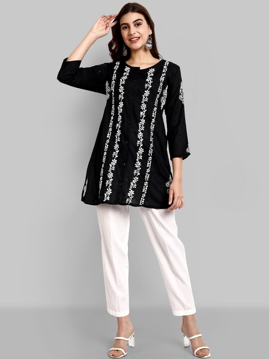 Ada Hand Embroidered Lucknowi Chikankari A-line Cotton Short Kurti Top for Women A911376 Black/White (L)