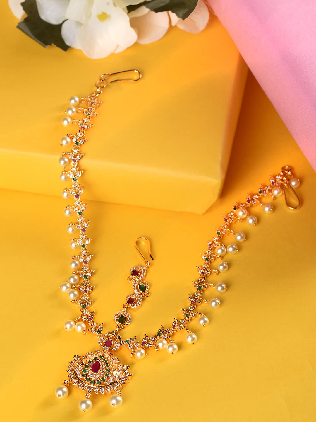 Saraf RS Jewellery- AD Studded Beaded Bridal Matha Patti With Maangtika