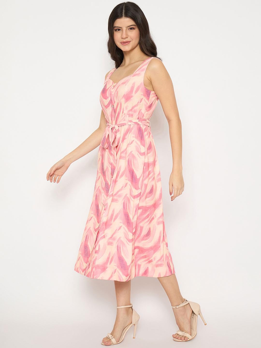 Madame Printed Sleeveless Midi Pink Dress for Women