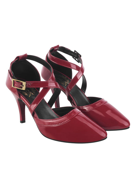 Shoetopia Women's Cherry Leather Heels Cross Strap Closed Toe Pumps with Buckle || Stylish High Heel Perfect for Office, Weddings, Cocktail Parties & Formal Events EU39