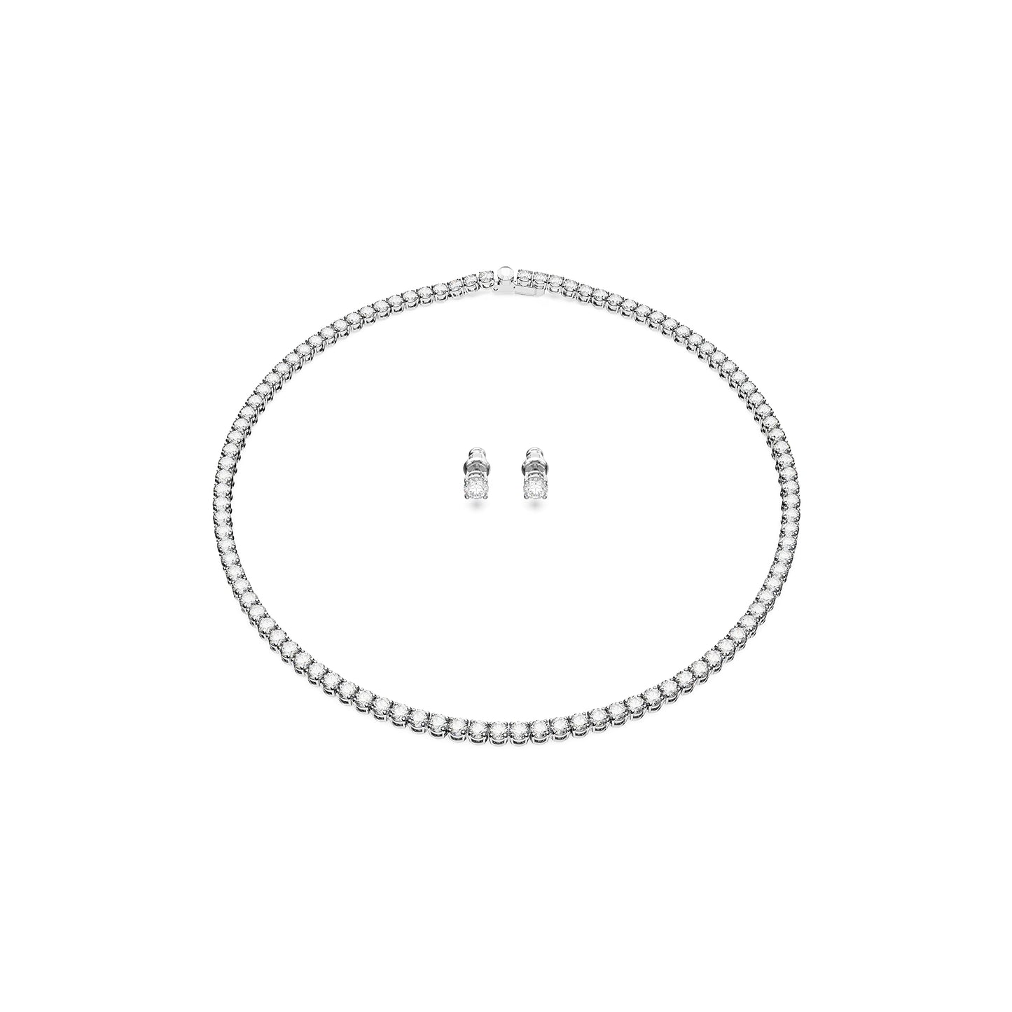 Swarovski Matrix Tennis Necklace and Stud Earrings Set, Round cut, White, Rhodium plated