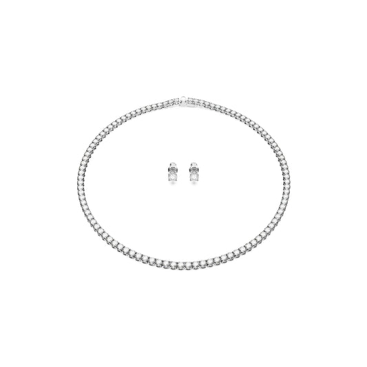 Swarovski Matrix Tennis Necklace and Stud Earrings Set, Round cut, White, Rhodium plated