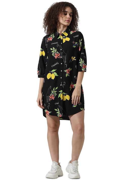 ONLY Women Printed Polyester Above Knee Black Shirt Dress