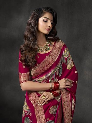Meena Bazaar Maroon Woven Art Silk Saree With Blouse Piece