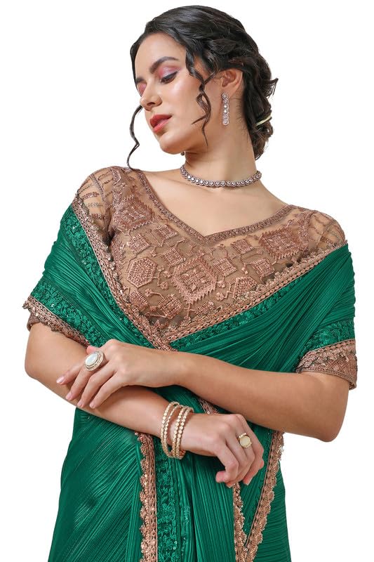 Soch Womens Green Chiffon Striped Saree with Copper Lace Border