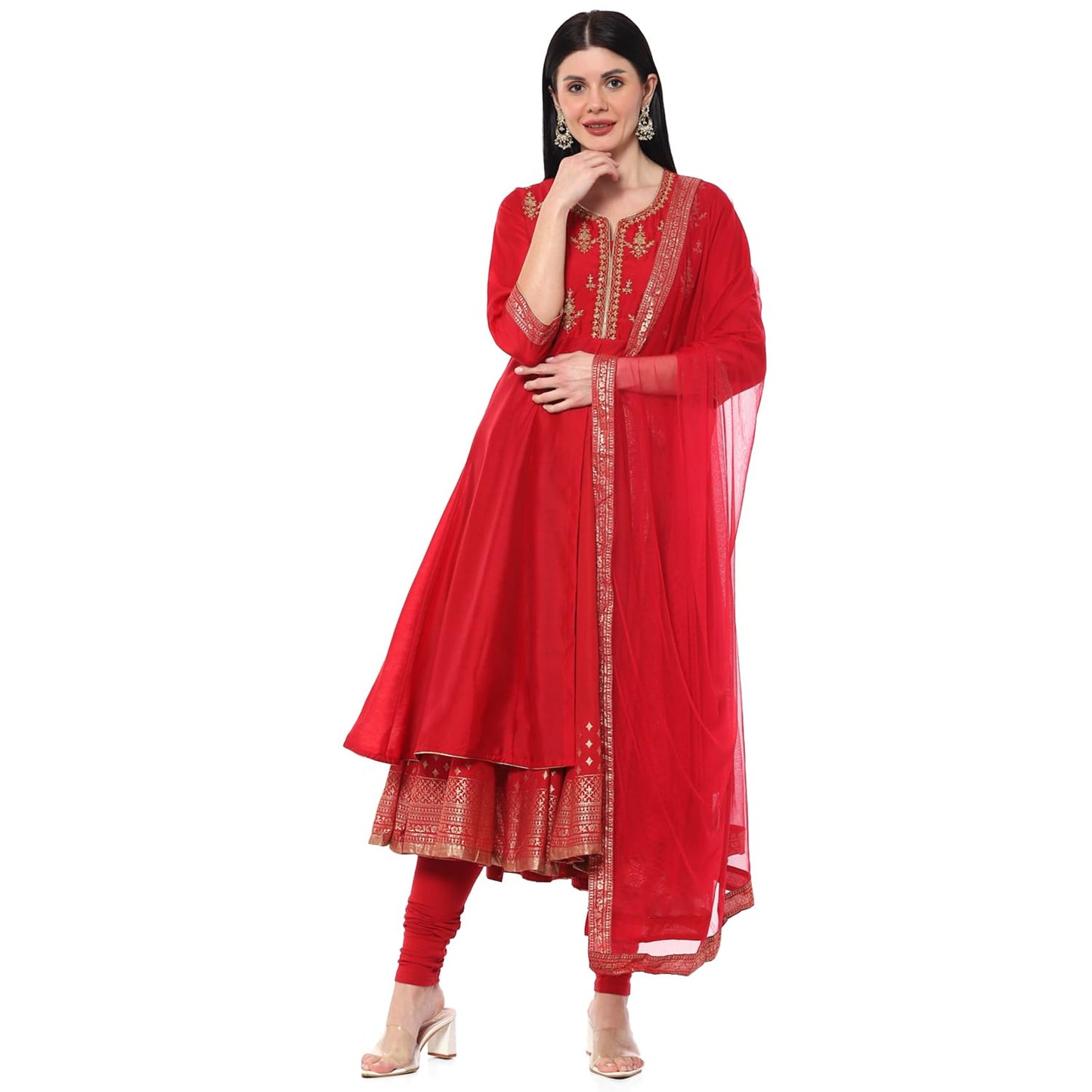 BIBA WOMEN EMBROIDERY FITTED SALWAR KURTA DUPATTA(SKD7458E_RED_36)