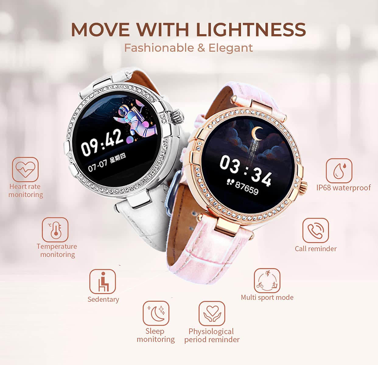 French Connection R8 series Women smartwatch (40 MM dial) with Full Touch HD screen, Metal case, Leather strap, continues Heart rate & Blood pressure monitoring, temperature monitor and IP68 waterproof