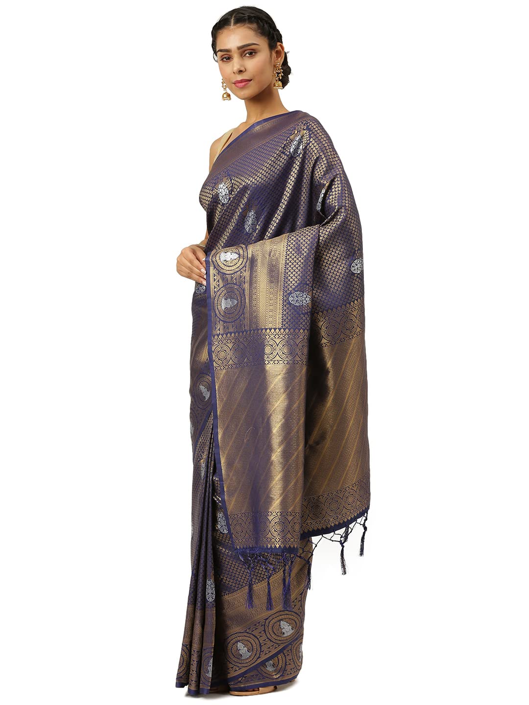 KARAGIRI Womens Kanjivaram Silk Blue Saree With Blouse Piece