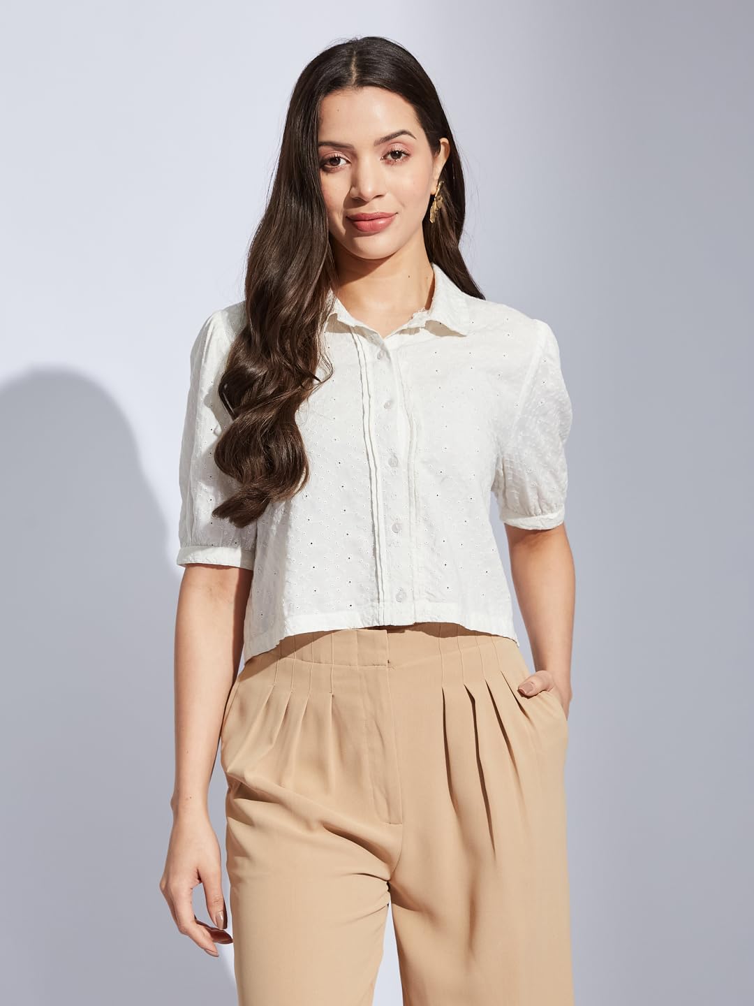 Latin Quarters Women Ivory Collared Half Sleeves Solid Shirt Blouse for Casual Wear_M