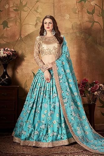 Zeel Clothing Women's Sky Blue Floral Printed Organza Semi-Stitched Lehenga Choli with Dupatta (7027-SkyBlue-Wedding-Bridal-Lehenga-New,Free Size)