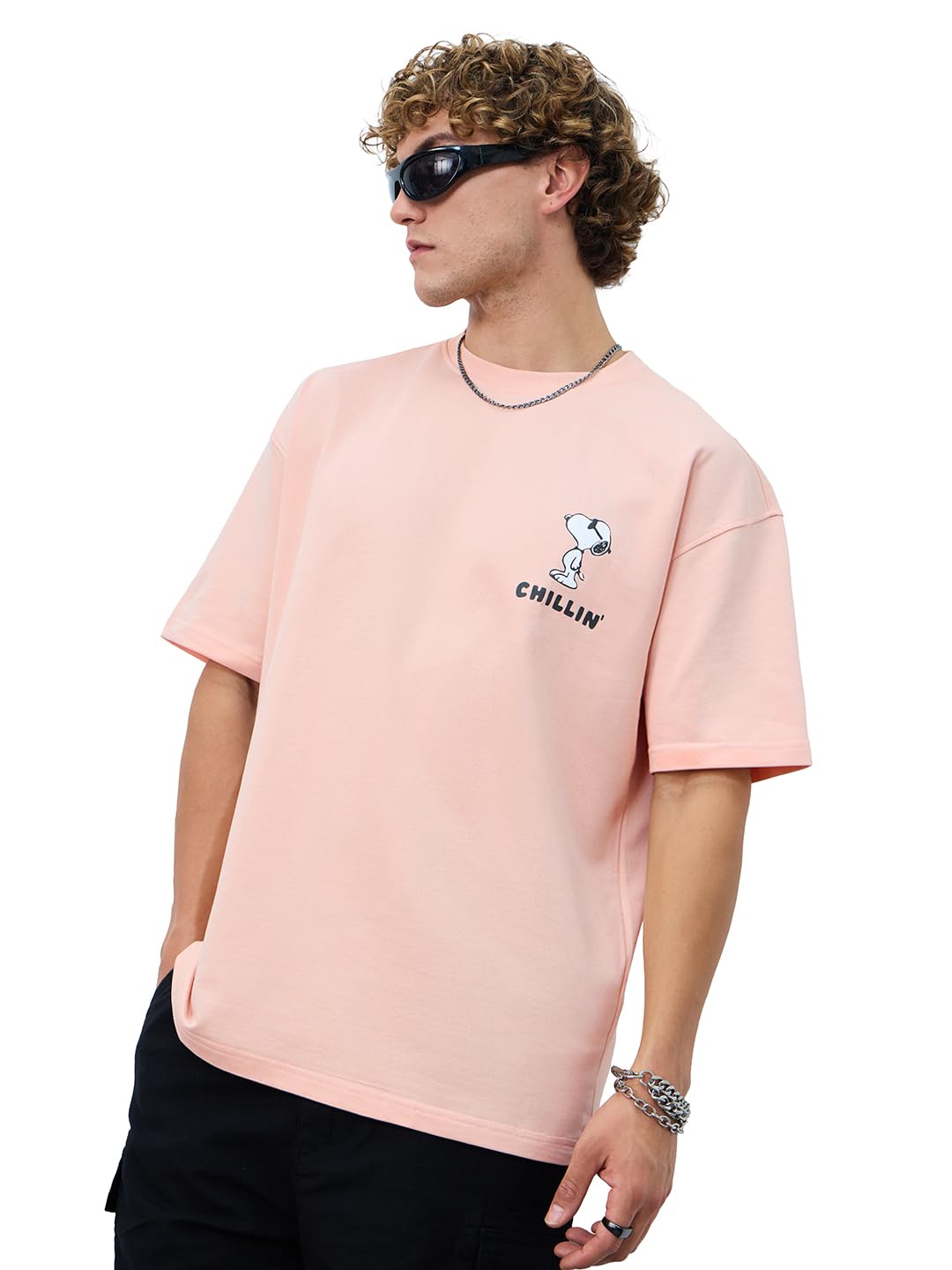 The Souled Store|Mens & Boys Official Round Neck|Peanuts Chillin Pink Color Printed|Half Sleeve Oversized|100% Cotton T-Shirts