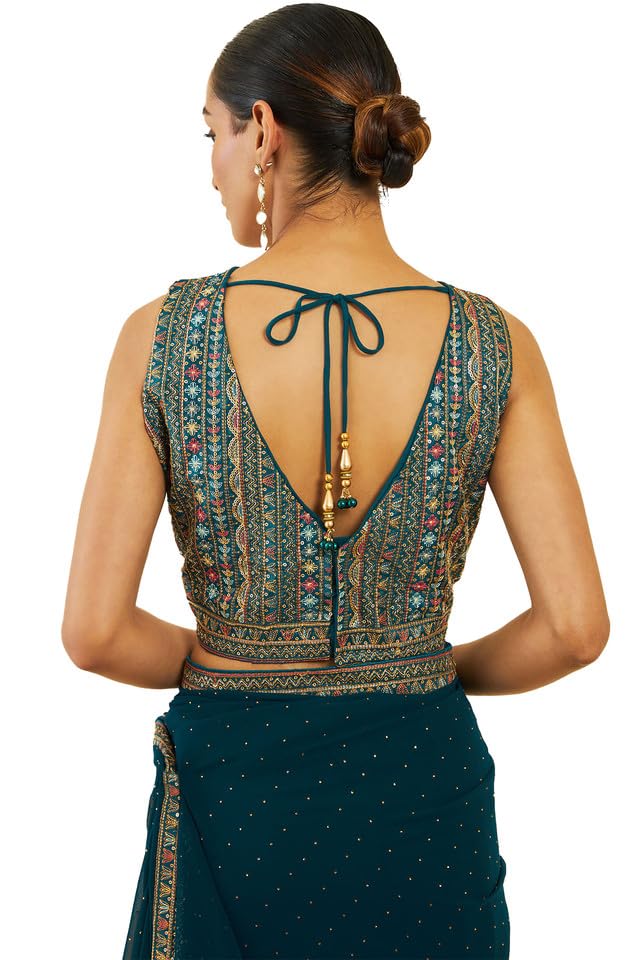 Soch Womens Turquoise Blue Georgette Saree With Stones And Embroidery