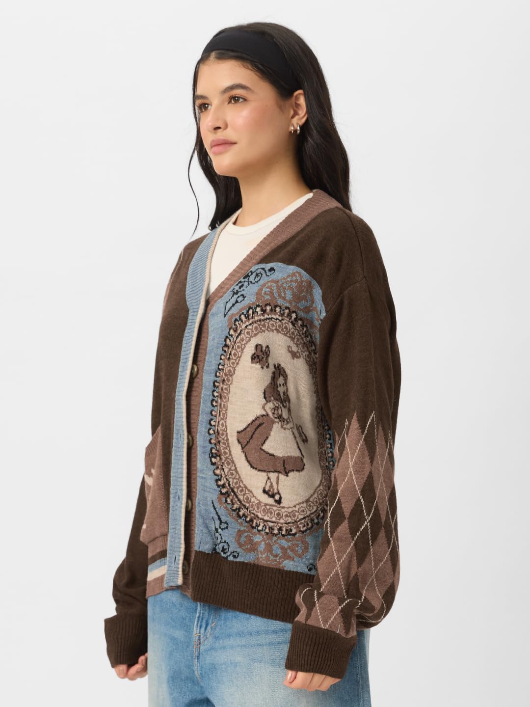 The Souled Store Official Disney: Alice Women and Girls Oversized Sweater Brown