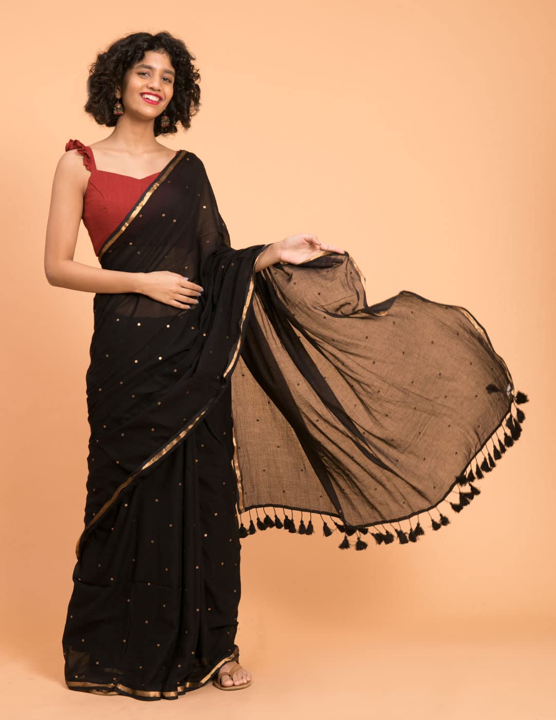 Suta Women's Plain Pure Cotton Saree Without Blouse | Black Saree| ChumkiSaree| Cotton Saree