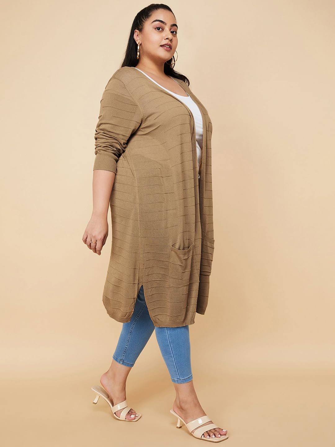 Max Women Plus Size Solid Open-Front Longline Shrug (SHRUG3201P_Beige)