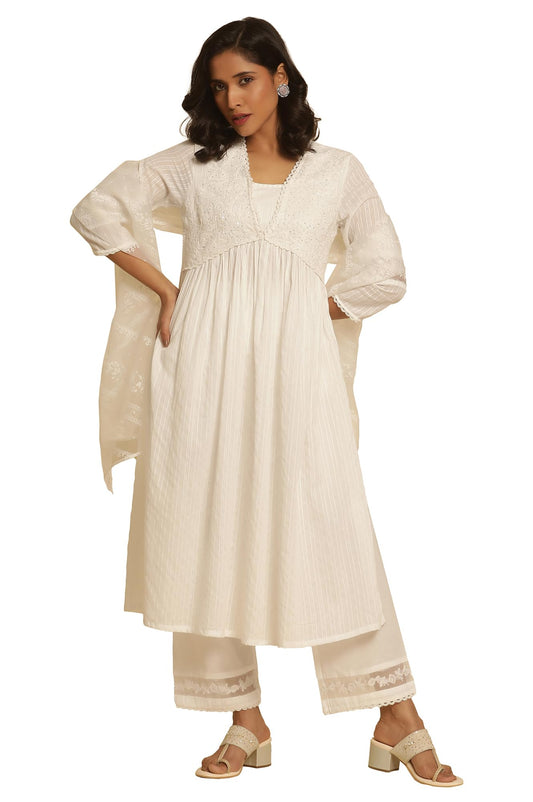 W for Woman W Women White Festive Solid Cotton Kurta, Straight Pant & Dupatta_24FEWS10494-221393_2XL
