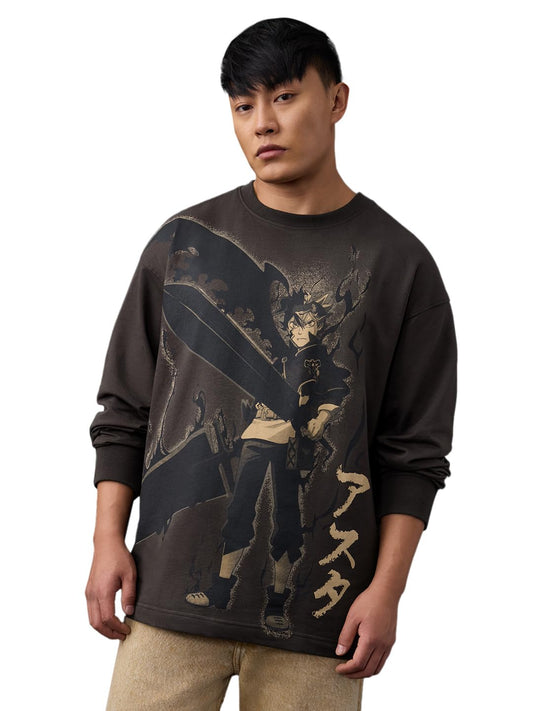 The Souled Store Black Clover: Asta Men and Boys Long Sleeves Round Neck Charcoal Grey Graphic Printed Anime Drop Shoulder Casual Drop Shoulder Oversized Full Sleeve T-Shirt