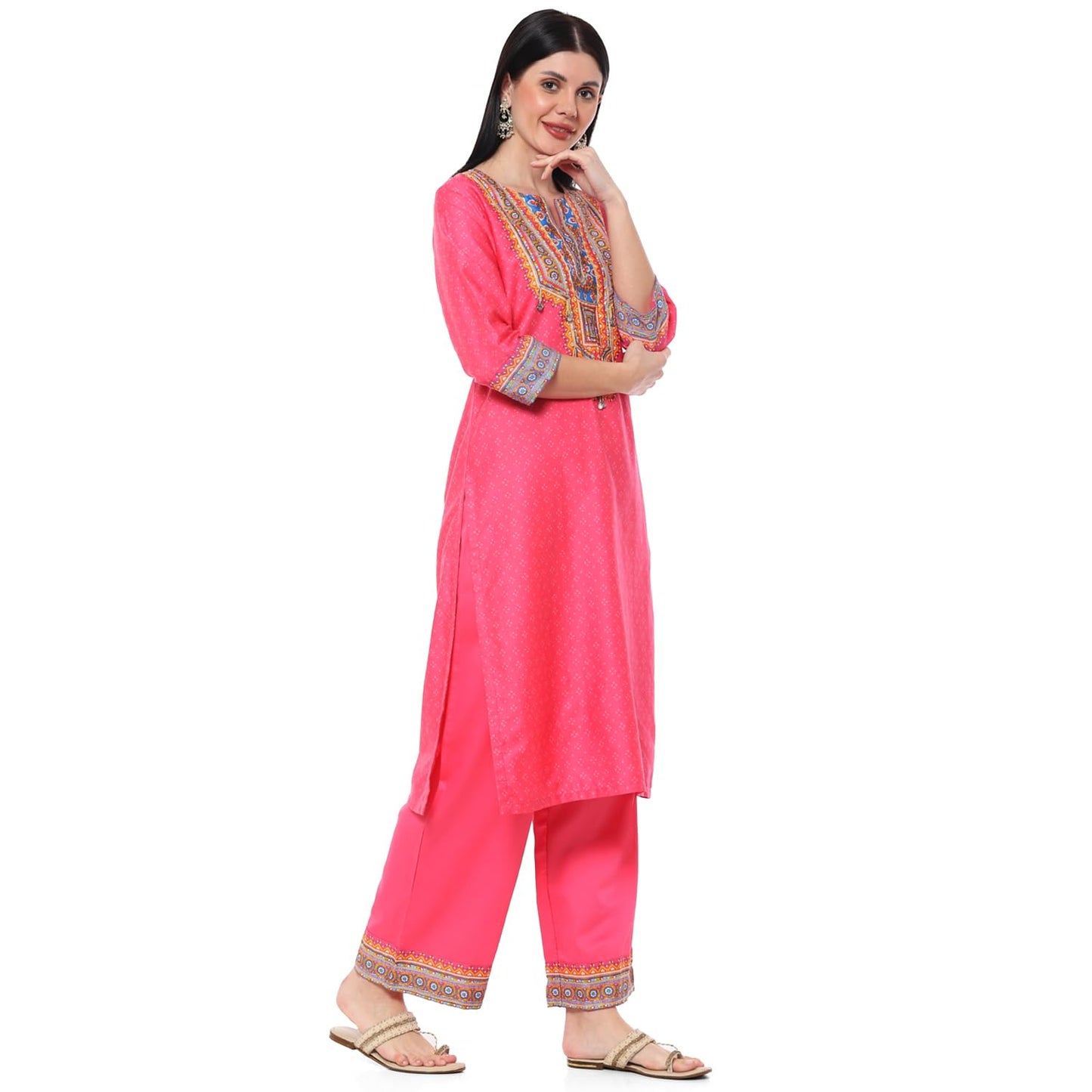 BIBA Women PRINTED STRAIGHT KURTA SALWAR KURTA DUPATTA(SKDINDIE BOHO9454_FUCHSIA_42)