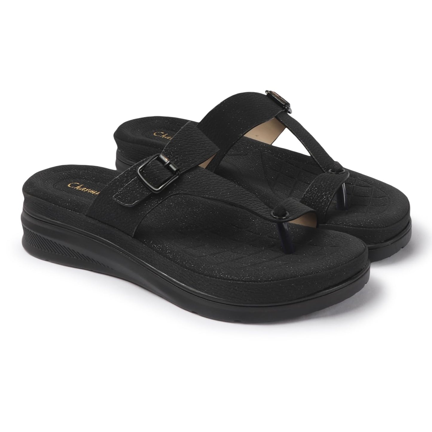 Charmwalk Women’s Stylish Wedge Toe-Ring Sandals | Soft Comfortable Thong Slip-On Chappal | Daily Wear Lightweight Sandals for Ladies & Girls (Black, UK Footwear Size System, Adult, Women, Numeric, Medium, 4)