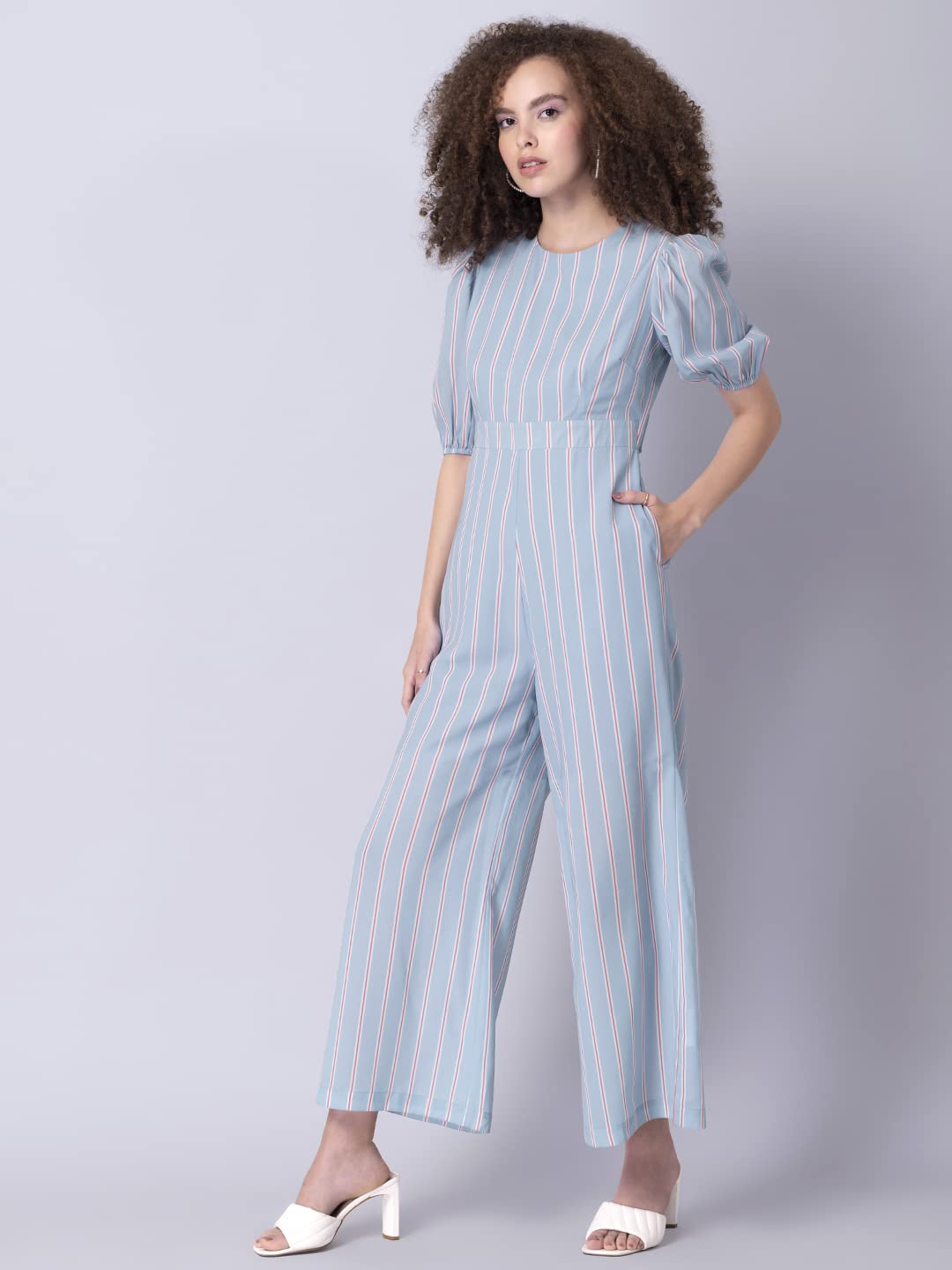 FabAlley Blue Striped Back Cut Tie Up Jumpsuit