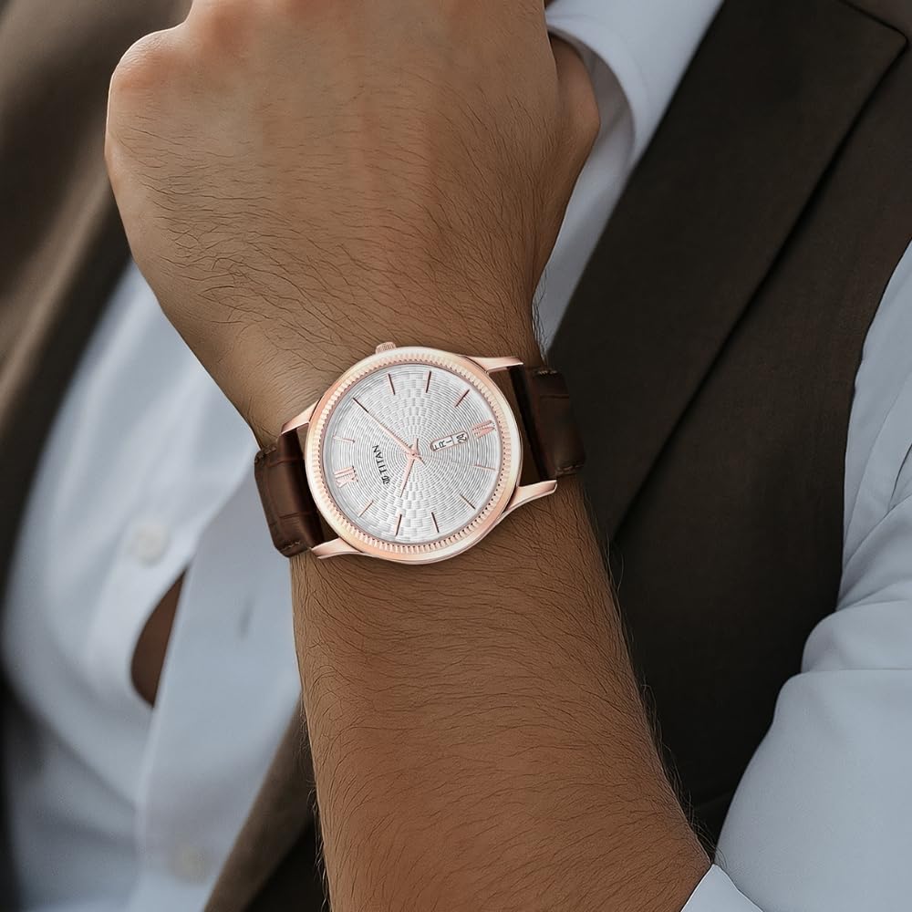 Titan Quartz Analog With Day & Date White Dial Brown Leather Strap Watch for Men - NT1824WL02