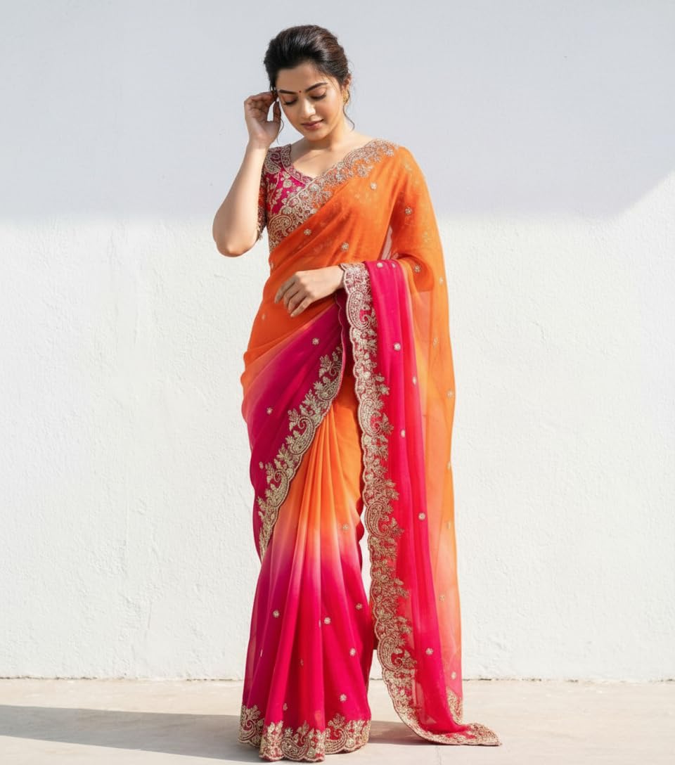 Amazon Brand - Tavasya Orange Pink Fendy Satin Silk Saree with Multi Sequence Embroidery Work | Heavy Embroidered Wedding Party look Saree with Running Blouse Piece