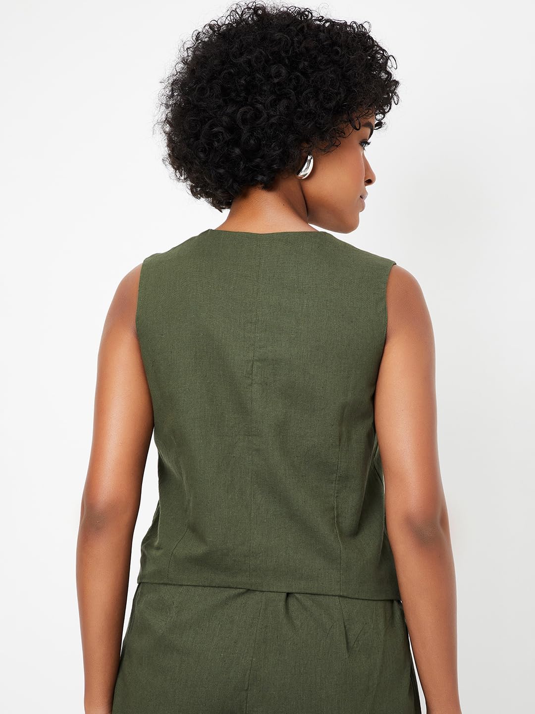 Max Women Solid Waistcoat Style Top_Olive_XS