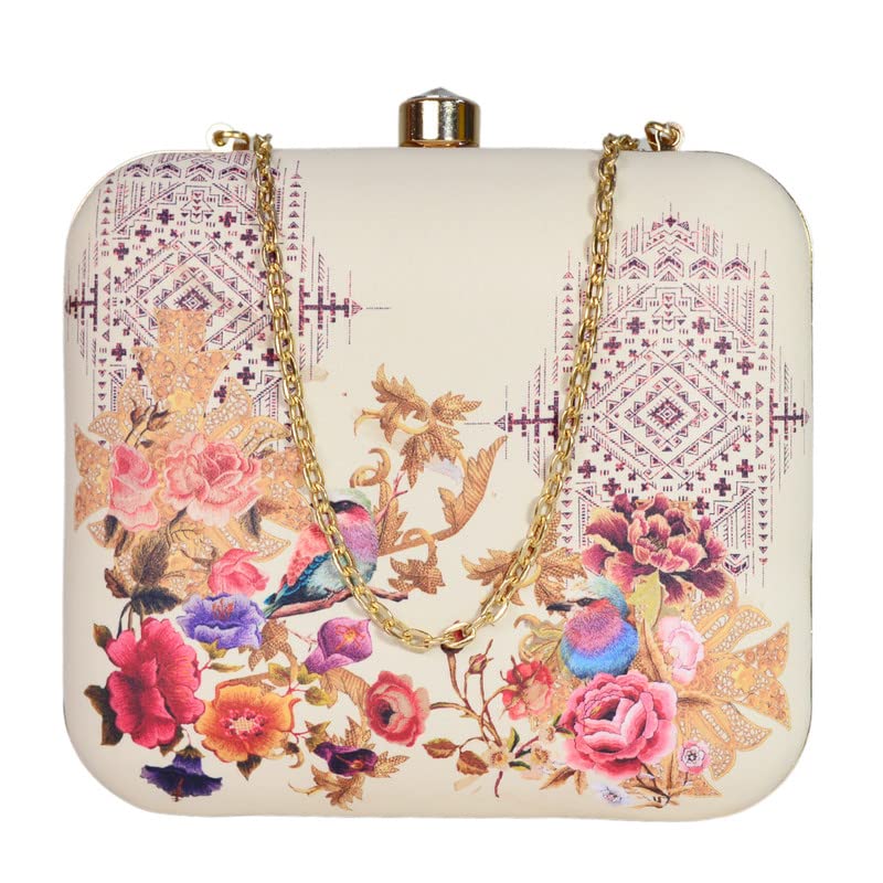 Artklim Printed Birds Off White Square Clutch Bag