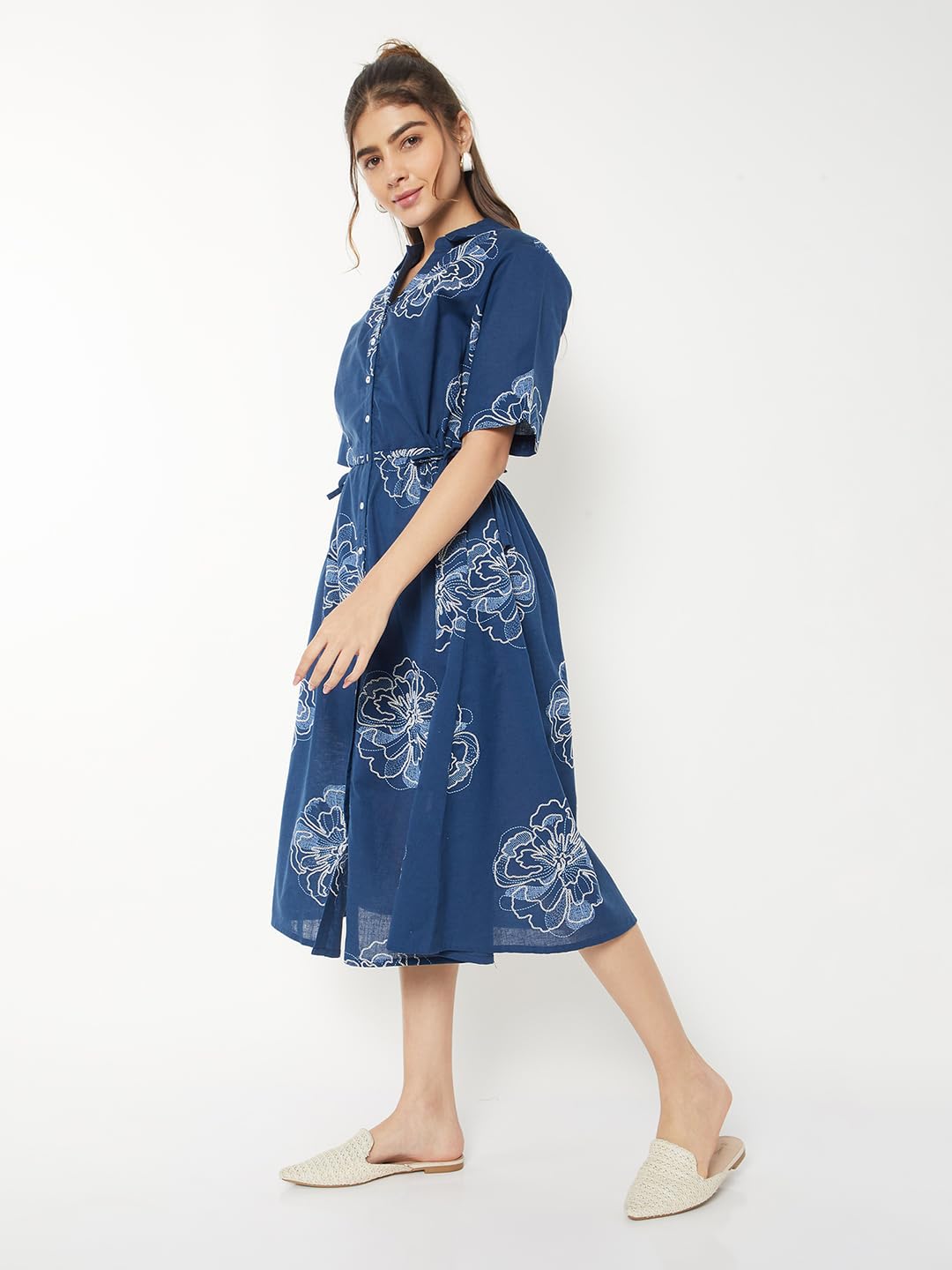 Max Women Embroidered Shirt Dress(Blue_XS)