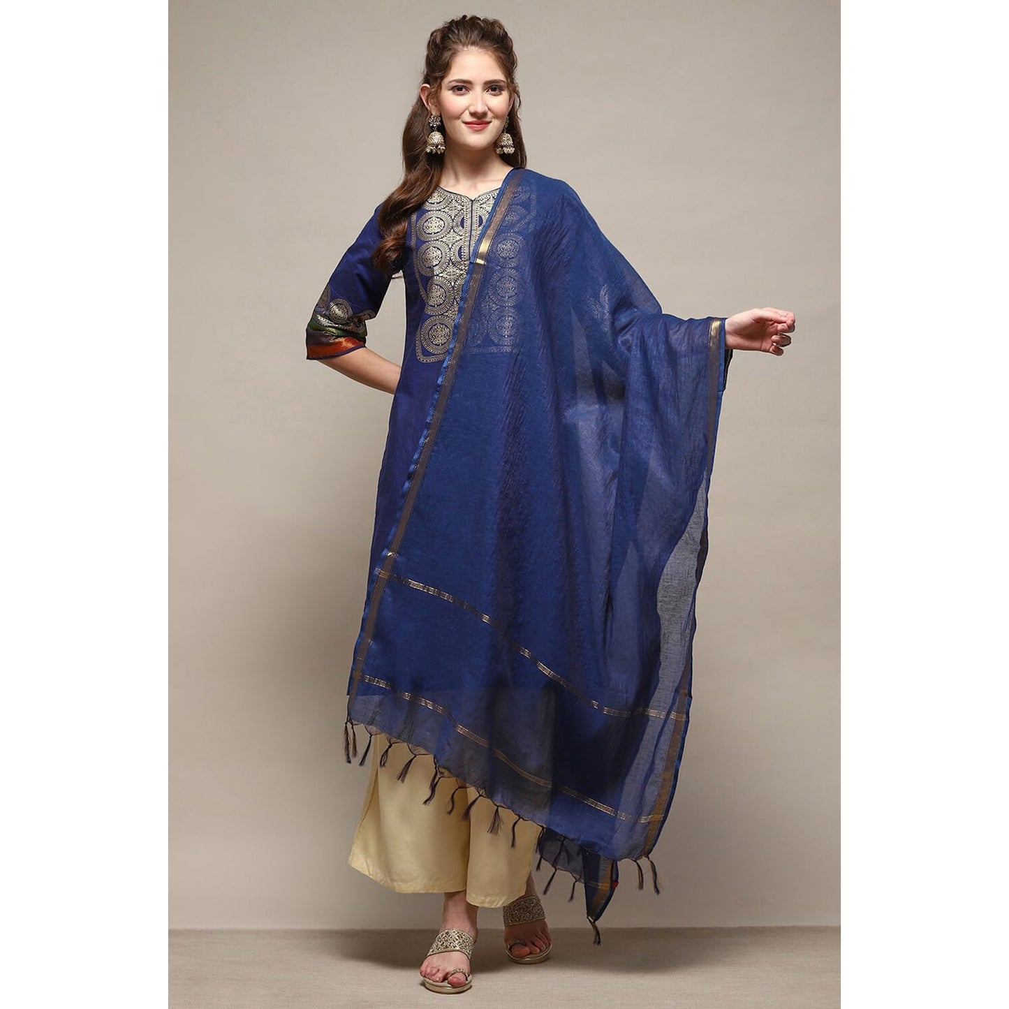 BIBA Women's Navy Cotton Blend Yarn dyed Dupatta