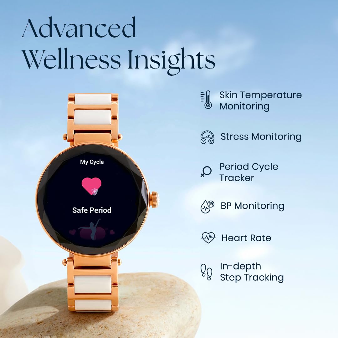 Titan Elixir 1.19" AMOLED Stainless Steel Smart Watch for Women Latest with Diamond Cut Design, SpO2, BP & Skin Temp Monitorings, Heart Rate, BT Calling, Voice Assistant, Water Resistant (Rose Gold)