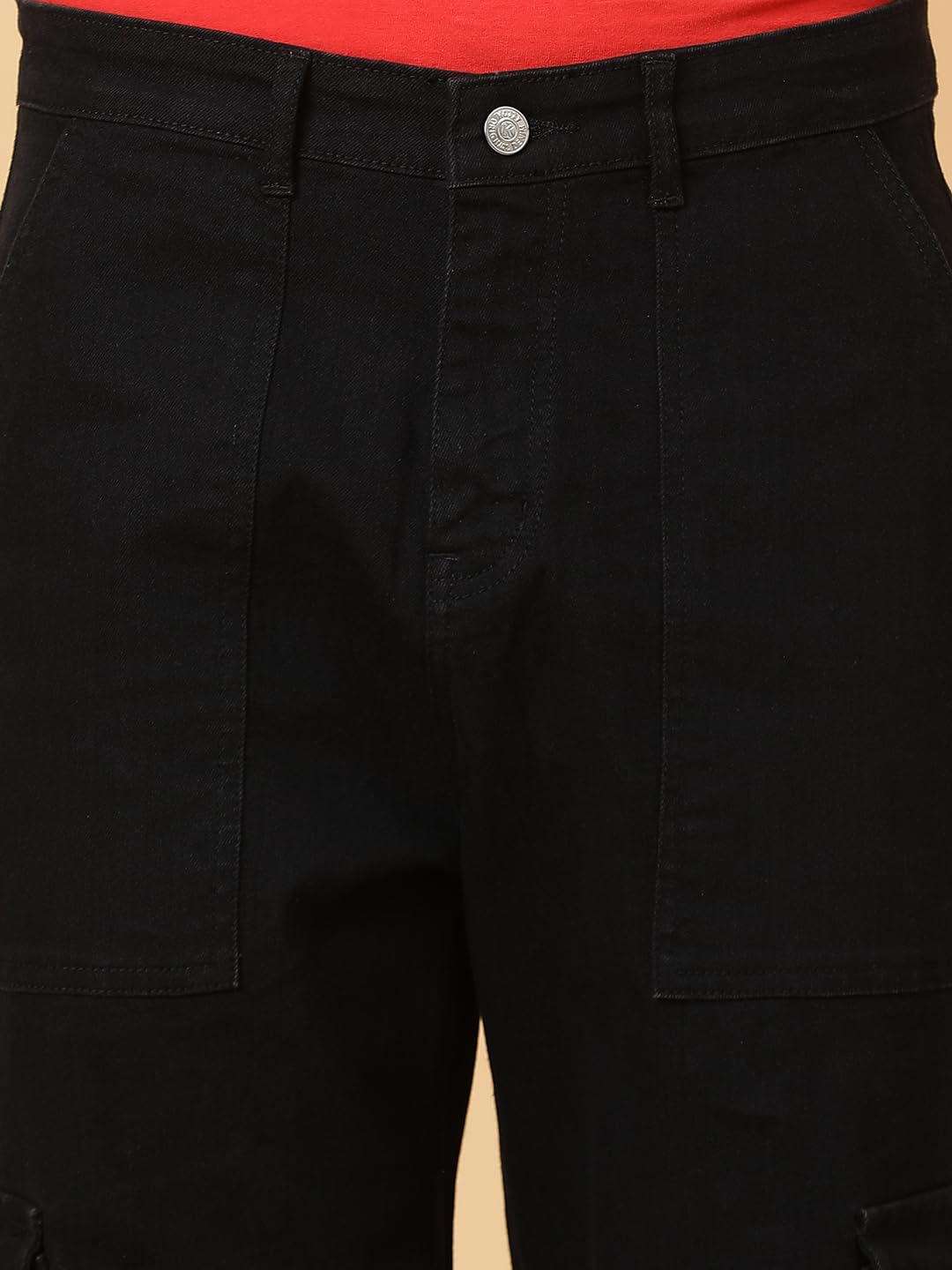 KOTTY Men's Solid Mid Rise Straight Fit Stylish Looking Cargo Jeans(Black,34)