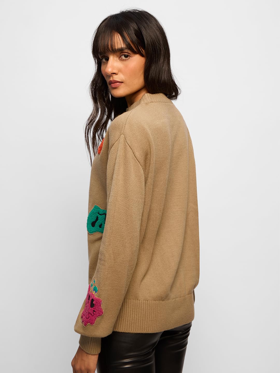 The Souled Store Originals : Trippy Smiles Cable Knit Women Oversized Sweater Beige