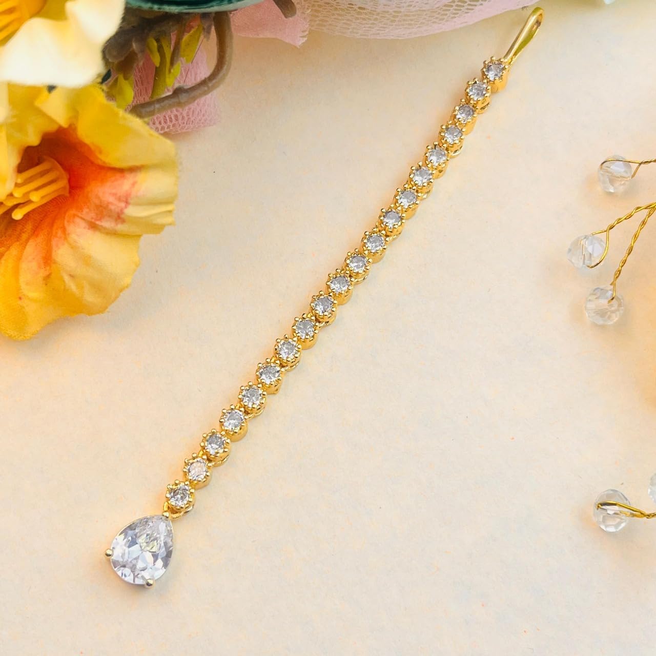 Tanaira Rhodium-Plated Maang Tikka for Women & Girls | Crystal Hair Accessory | American Diamond (AD) Studded Bridal Wedding Jewelry,Trending Style (Gold)