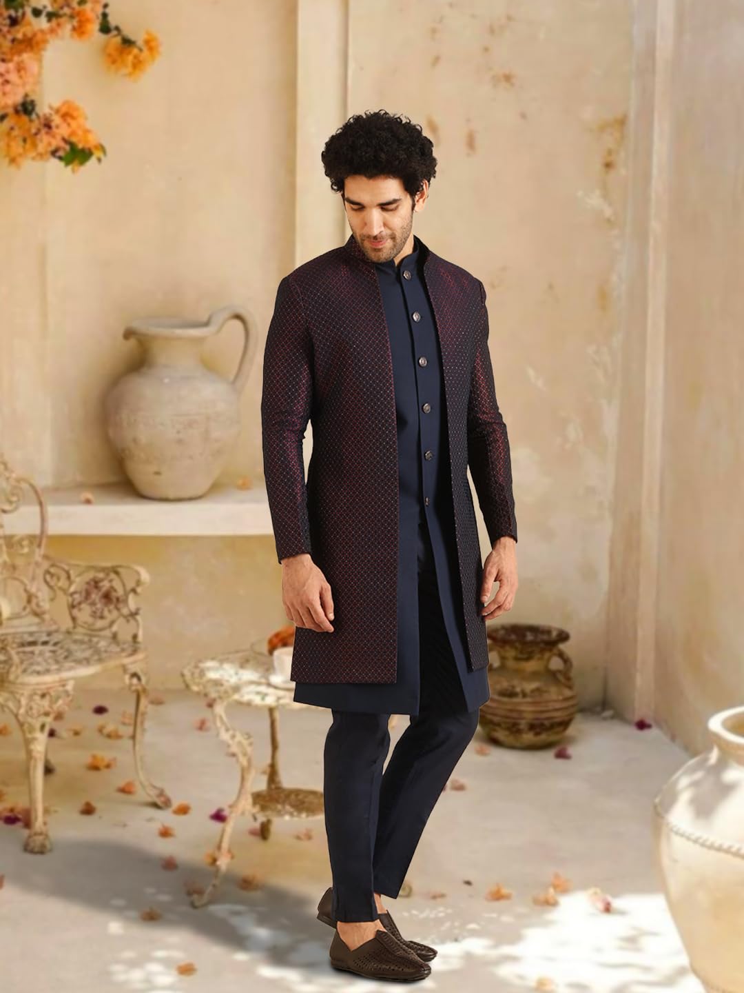 KISAH Jacket Sherwani Set for Men – Woven Design Jacquard Sherwani with Trouser | Ethnic & Formal Indian Outfit for Weddings, Celebrations & Parties, Wine, 42