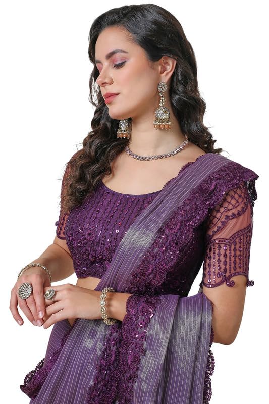 Soch Womens Purple Georgette Striped Saree with Sequins Border