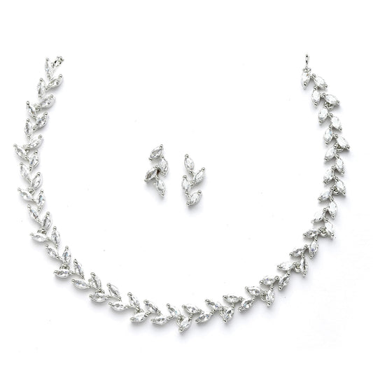 ZENEME Womens Rhodium-Plated with Silver-Toned Leaf Design White American Diamond Studded Jewellery Set (White)
