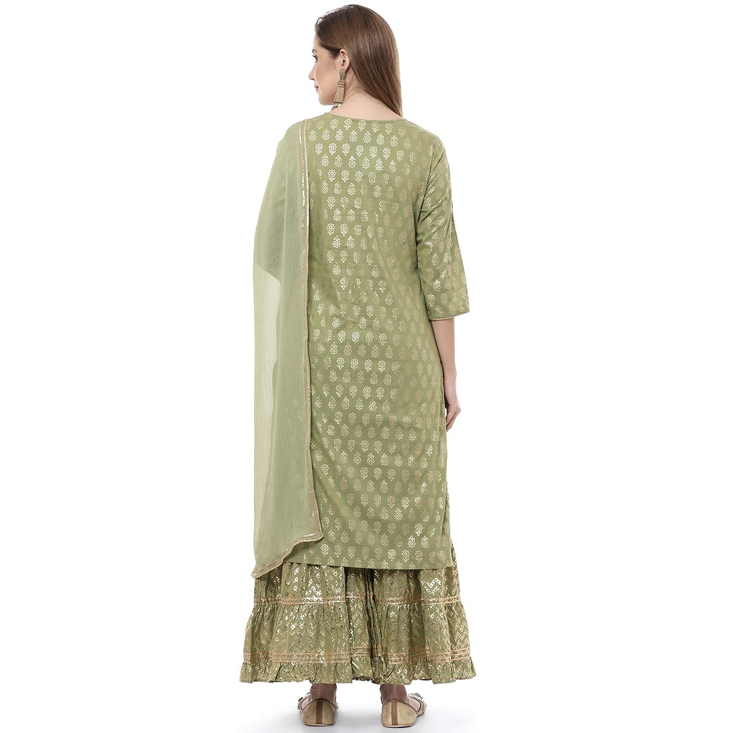 Rangriti Women's Cotton Kurta With Palazzo & Dupatta (190743_Olive Green_36)