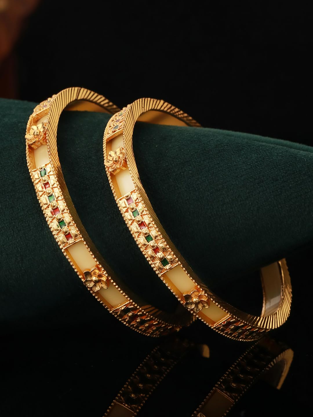 Priyaasi Yellow Multicolor Stone-Studded Geometric GoldPlated Bangle Set of 2